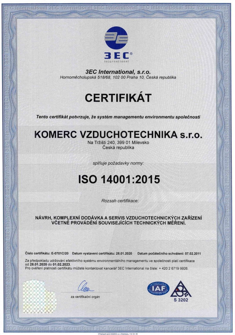KOMERC vzduchotechnika - certifikace