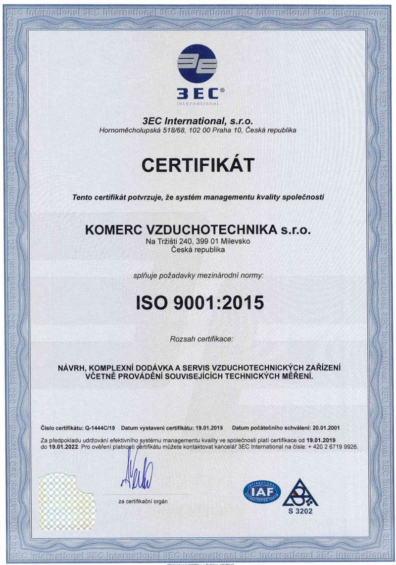 KOMERC vzduchotechnika - certifikace